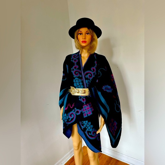 Accessories - Floral Pattern Shawl , Poncho, purple, pink and black